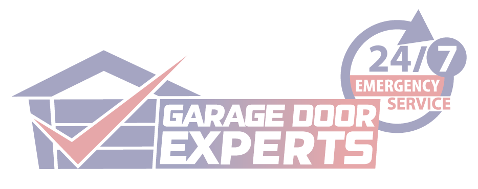 Garage Door Experts logo with 24/7 emergency service emblem on black